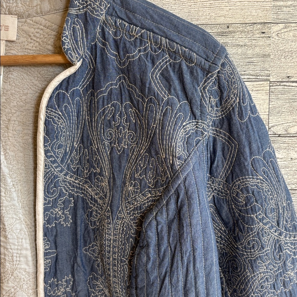 Quilted Paisley Brocade Floral chambray Open Front y2k Jacket coat Medium Chicos - Picture 4 of 8